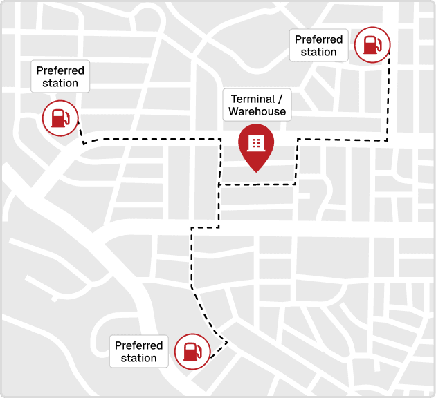 Map of a fleet terminal with preferred Piston stations along its routes