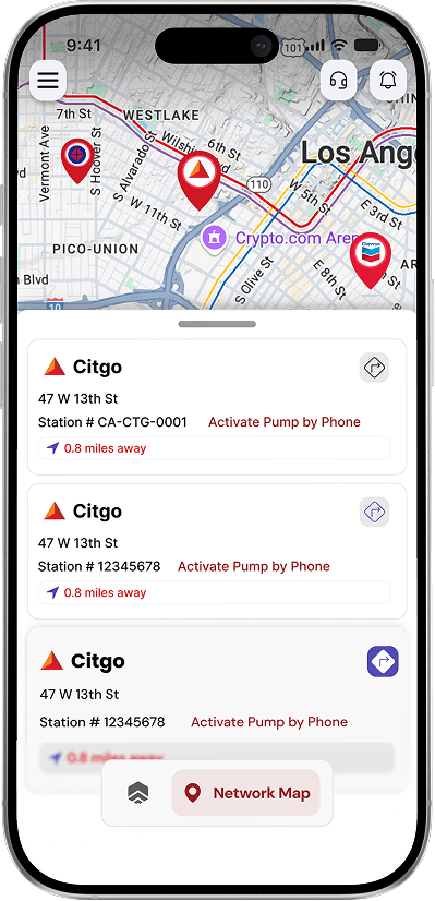 Piston mobile app showing nearby fueling locations