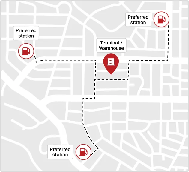 Map of a fleet terminal with preferred Piston stations along its routes